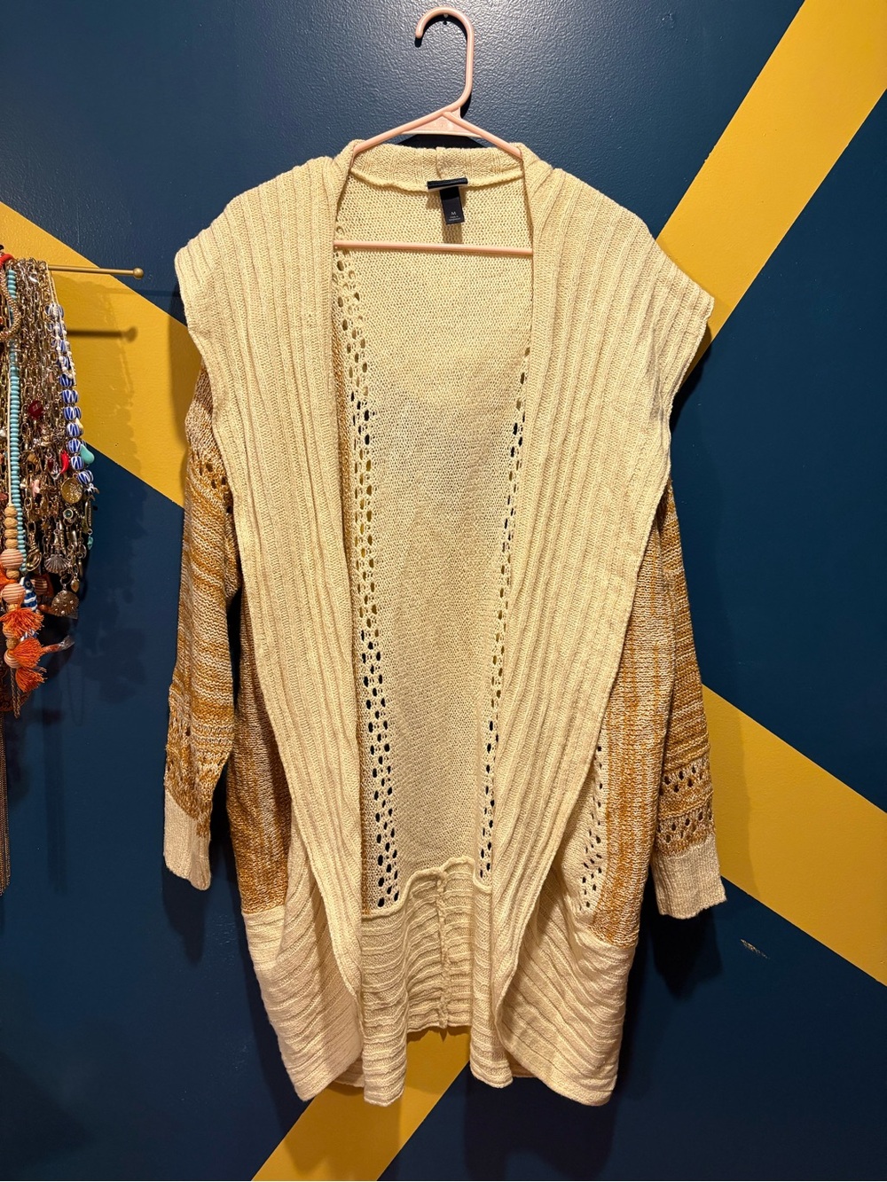 Daytrip Cream & Mustard Midweight Longline Open Knit Hooded Cardigan NWOT